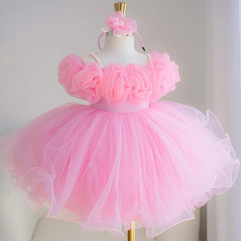 First Birthday Dress Wedding Flower Girl Dress Elegant Satin Puff Sleeve Party Gown｜KLFFIGID