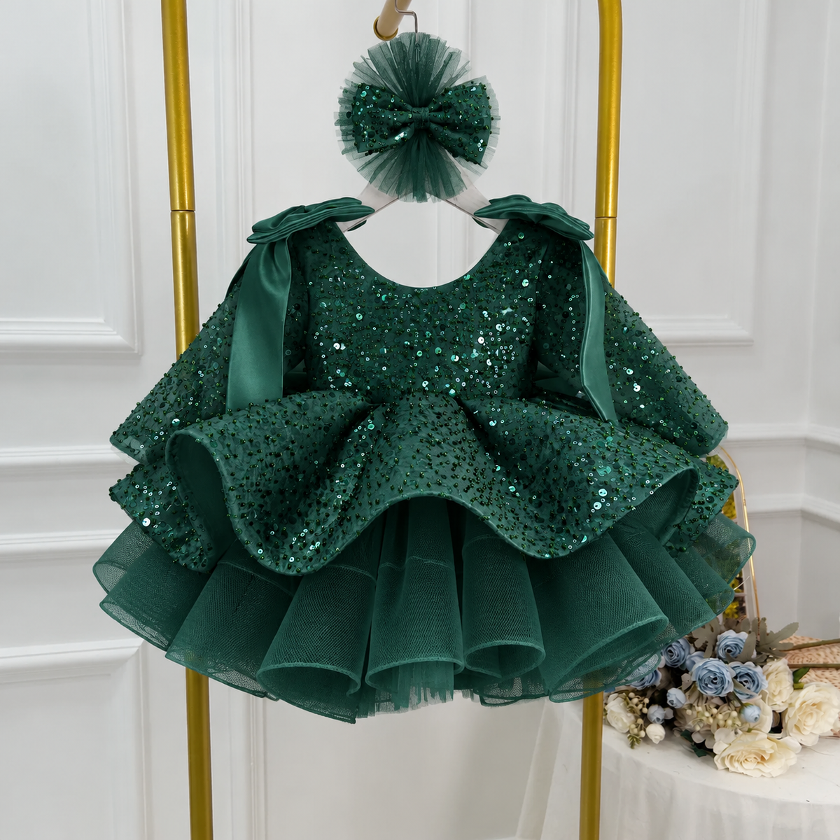 Toddler Girls Sequin Bow Long Sleeve Tulle Princess Birthday Party Dress | KLFFLGID