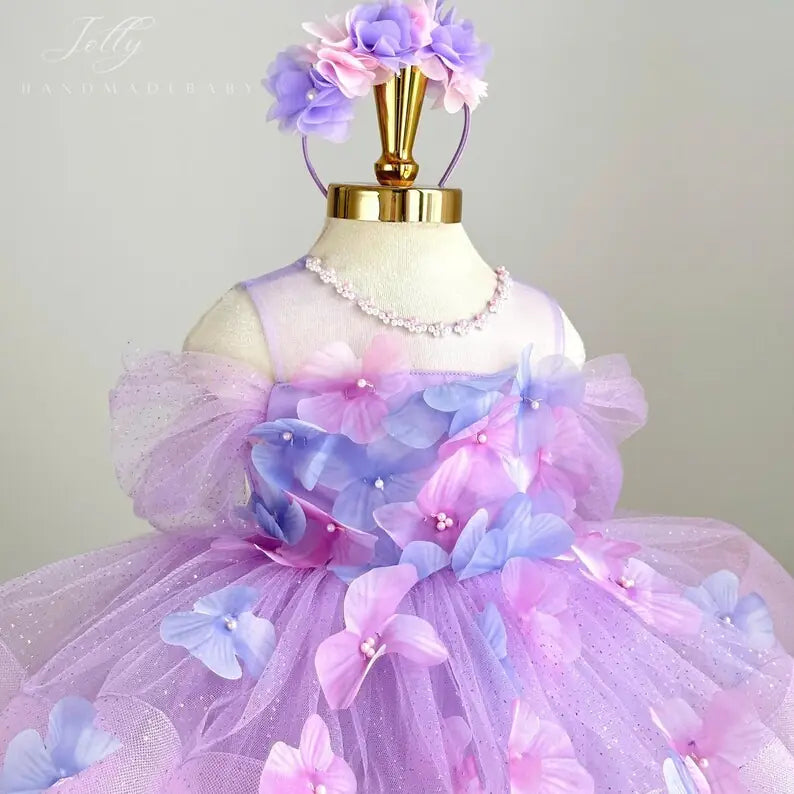 Girls Pink Tulle Princess Dress with 3D Floral Appliqués｜KLFFLGID