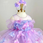 Girls Pink Tulle Princess Dress with 3D Floral Appliqués｜KLFFLGID