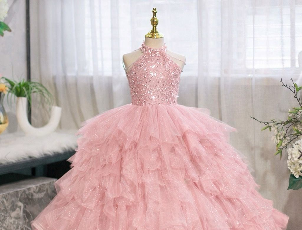 3-12 years old sequined elegant girl's dress with train, stage performance evening dress, birthday party girl princess dress girl pageant dress