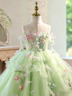 Children's long dresses, party dresses for ages 3-12, tulle green dresses, flower dresses, princess dresses for girls.