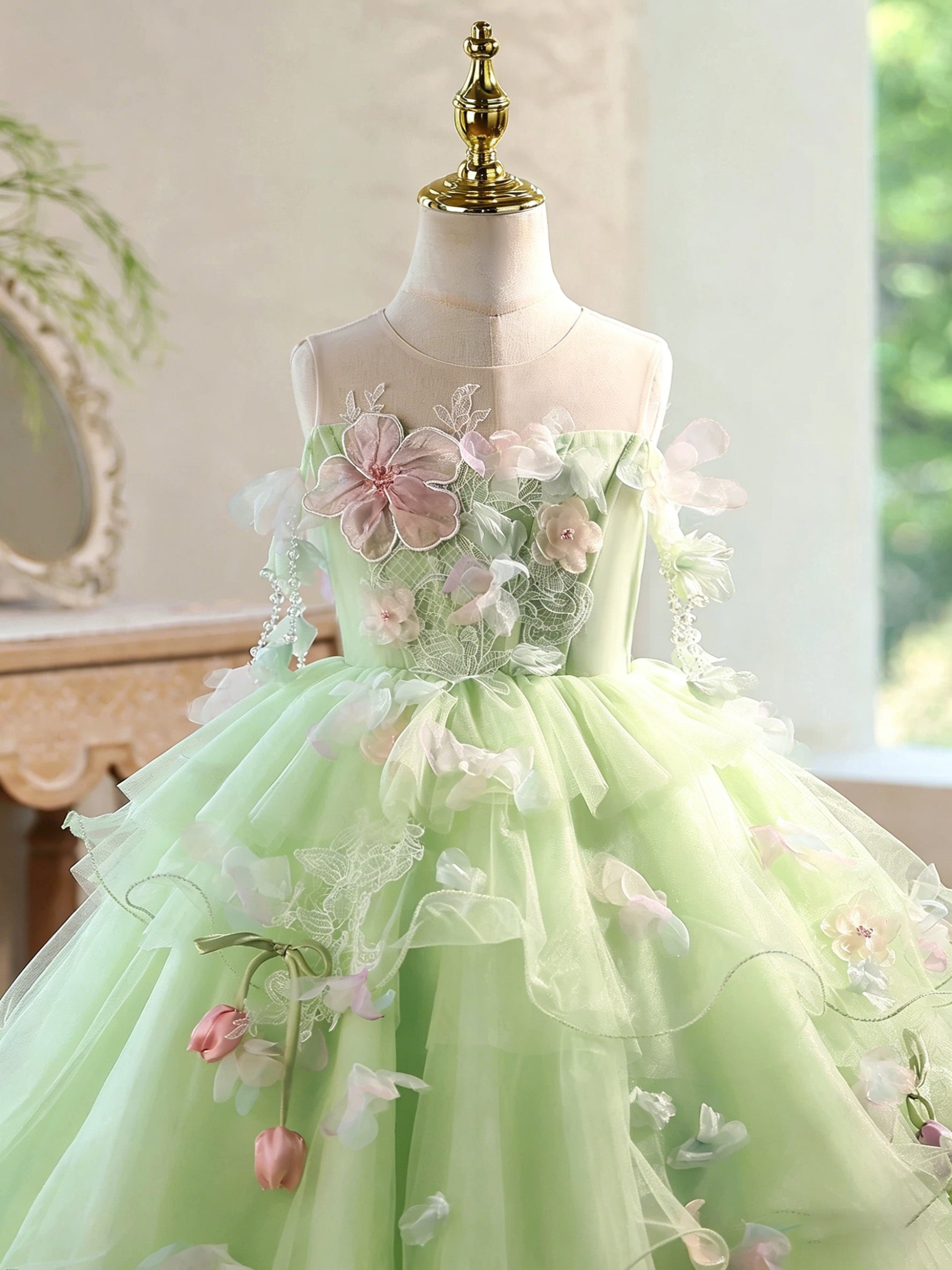 Children's long dresses, party dresses for ages 3-12, tulle green dresses, flower dresses, princess dresses for girls.