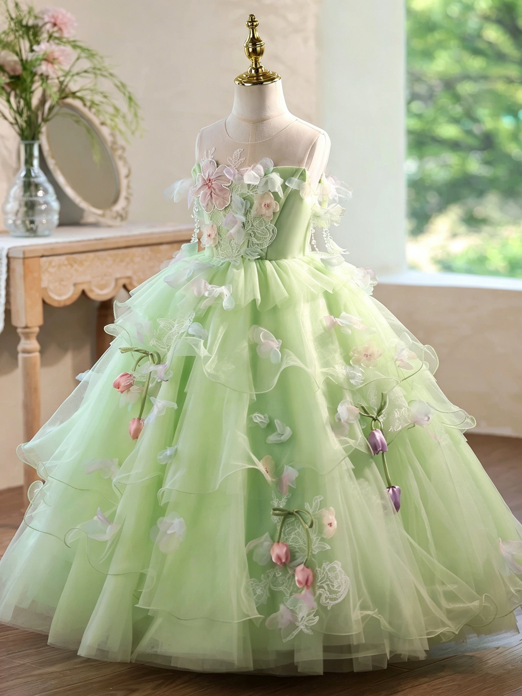 Children's long dresses, party dresses for ages 3-12, tulle green dresses, flower dresses, princess dresses for girls.