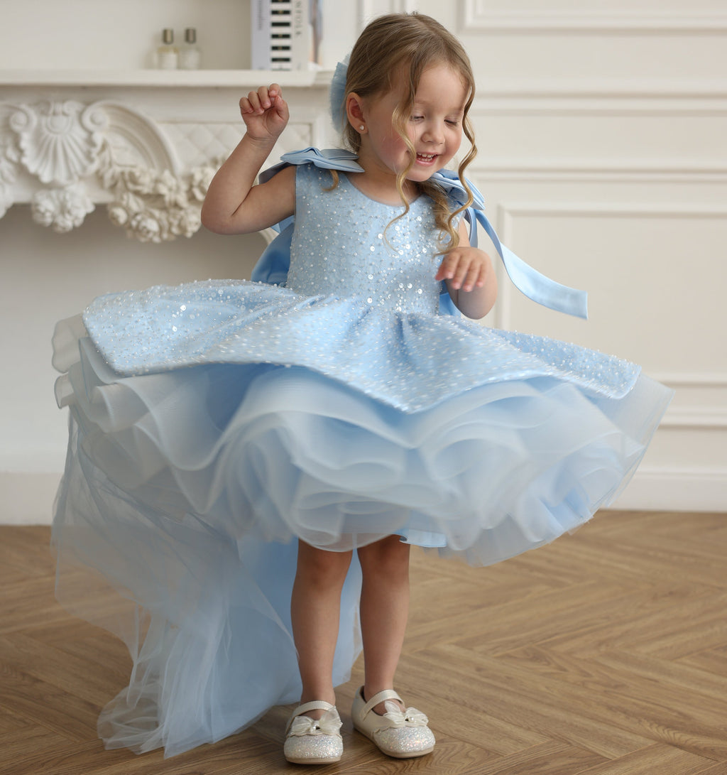 KLFFLGID Cute Bow Baby Birthday Dress Fashion sequined girls princess dress wedding flower girl dress host stage catwalk evening dress