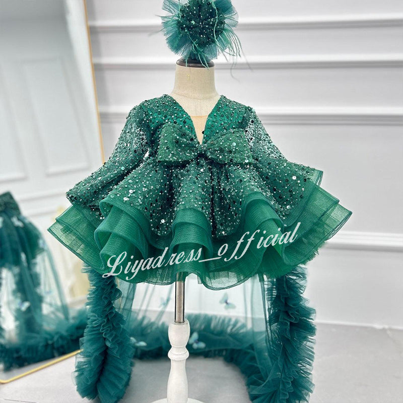 Lace Butterfly Sequined Trailing Birthday Dress with Tiara | KLFFIGID