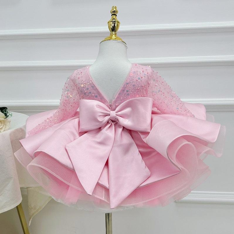 Satin Sequin Big Bow Fluffy Girls Birthday Princess Dress | KLFFIGID