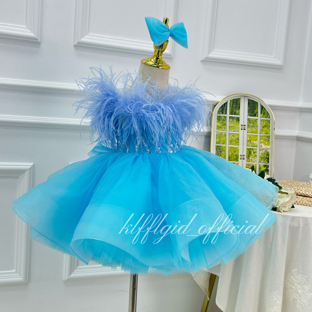 Stylish Feather Pageant Gown & Baby Birthday Dress | KLFFLGID