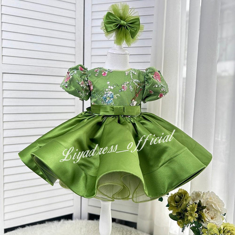 Embroidered Floral Puff Sleeve Satin Mesh Tutu Dress for Girls | KLFFIGID