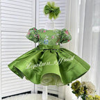 Embroidered Floral Puff Sleeve Satin Mesh Tutu Dress for Girls | KLFFIGID