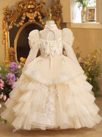 Girls' floral long-sleeved princess dress with elegant elegant host wedding flower girl dress