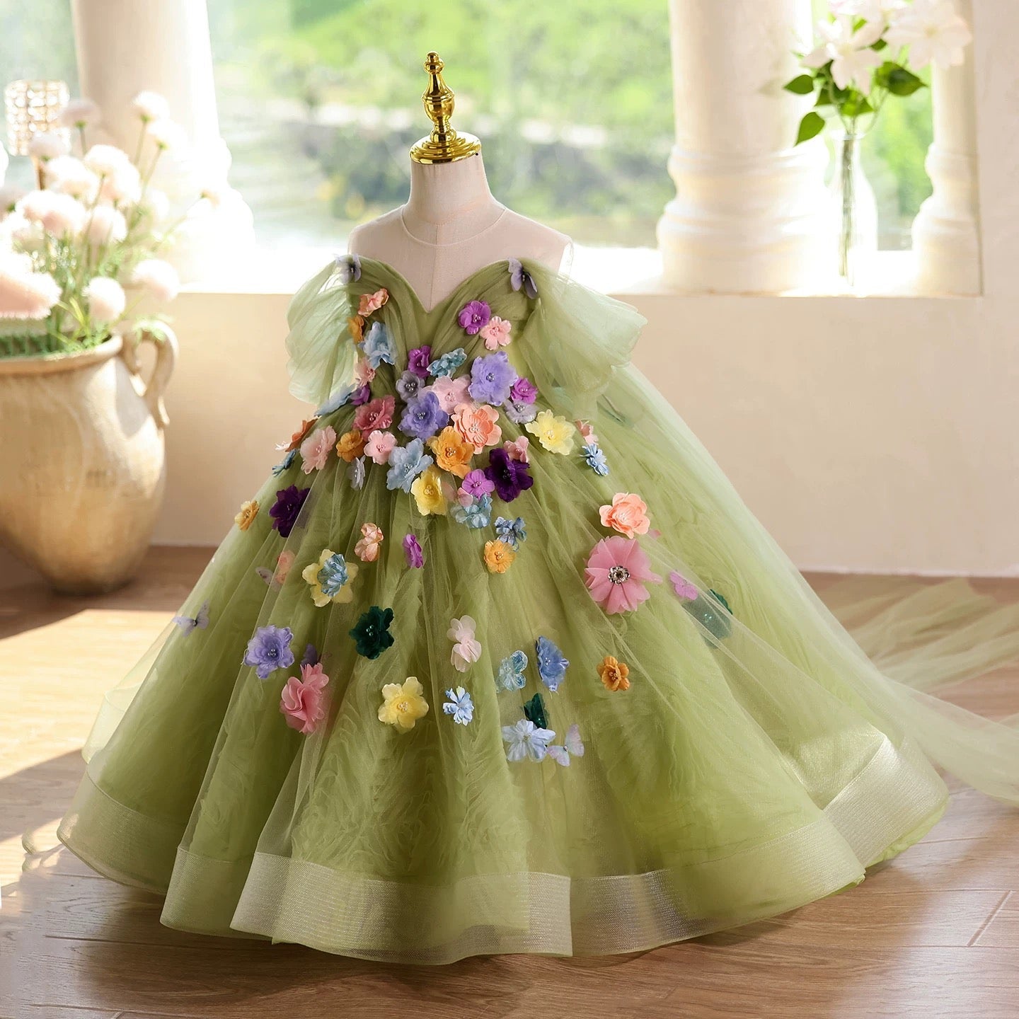 Green flower dress, fairy elegant girl dress, birthday party baby dress, Christmas New Year dress