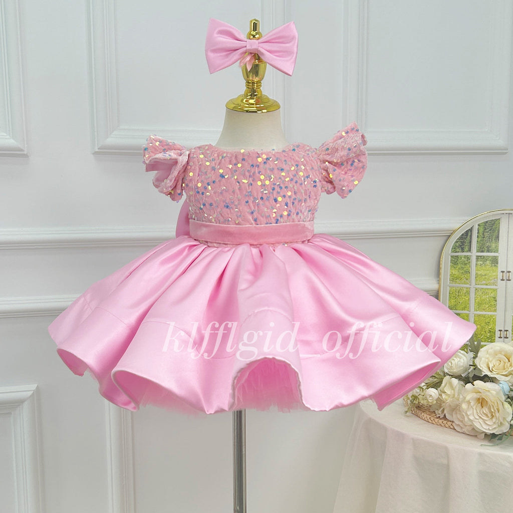 Girls Pink Birthday Party Dress with Puff Sleeves and Satin Skirt｜KLFFLGID