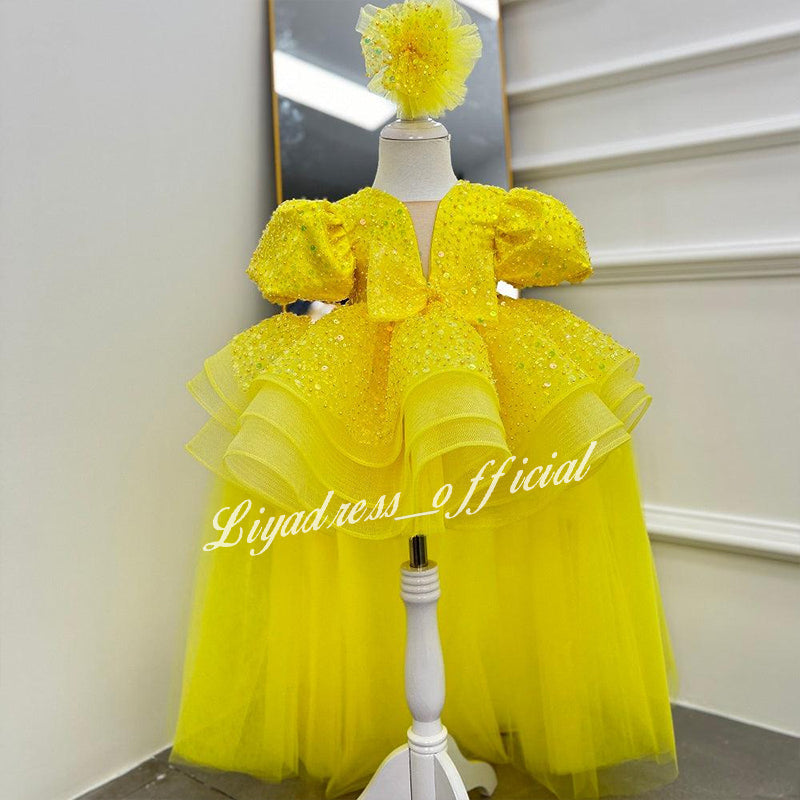 Sequined Puff Sleeve First Birthday Girl Princess Dress with Bow | KLFFIGID