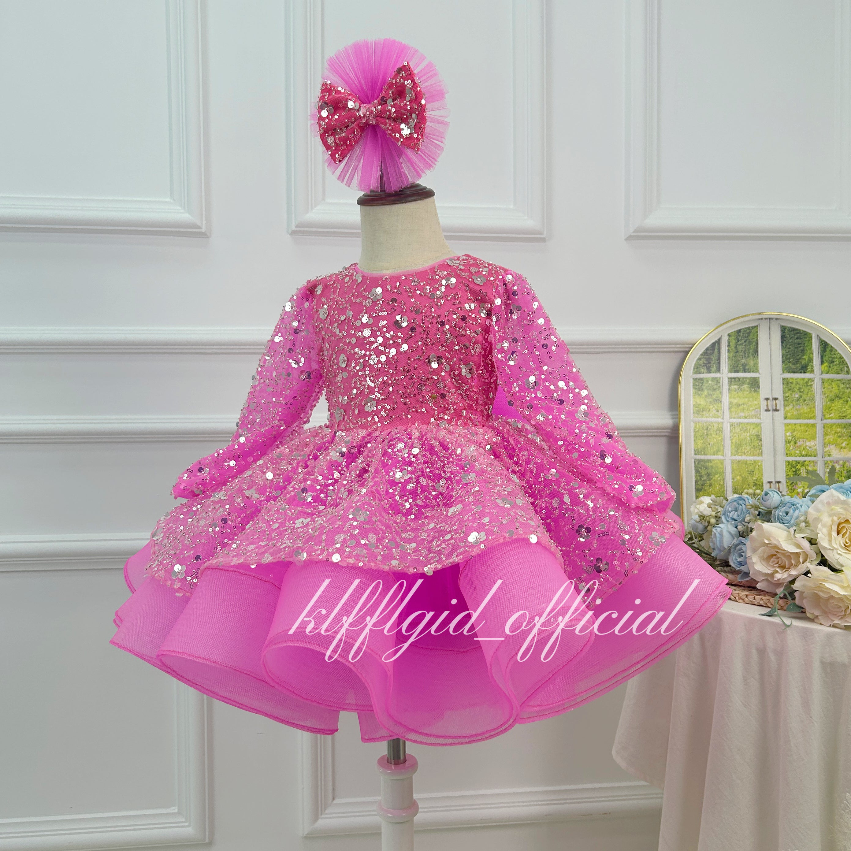 Baby First Birthday & Wedding Flower Girl Dress with Bow Sequins | KLFFIGID