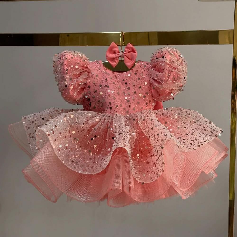 Pink Sequined Puff Sleeve Cascading Ruffle Girls Princess Dress | KLFFIGID