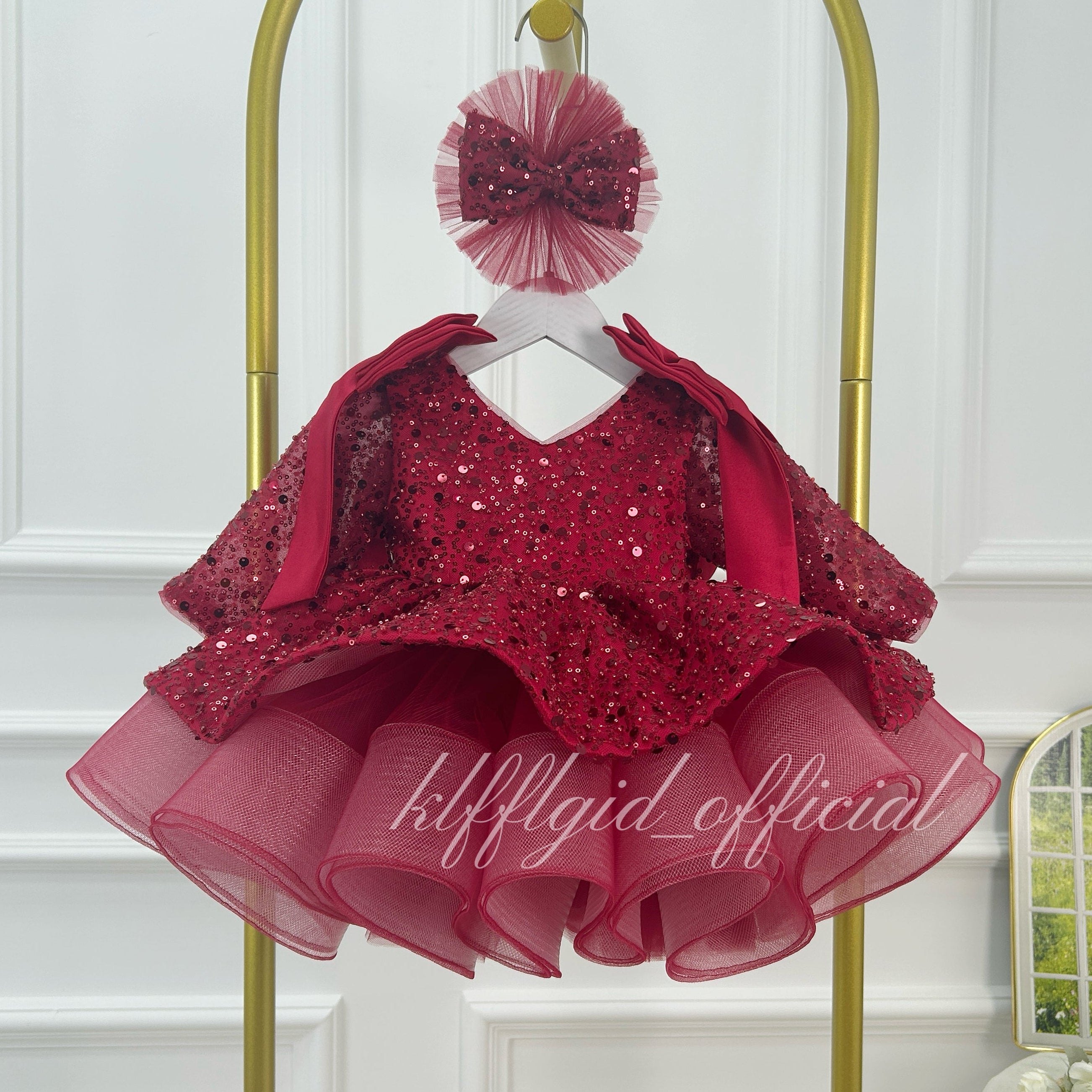 Toddler Girls Sequin Bow Long Sleeve Tulle Princess Birthday Party Dress | KLFFLGID