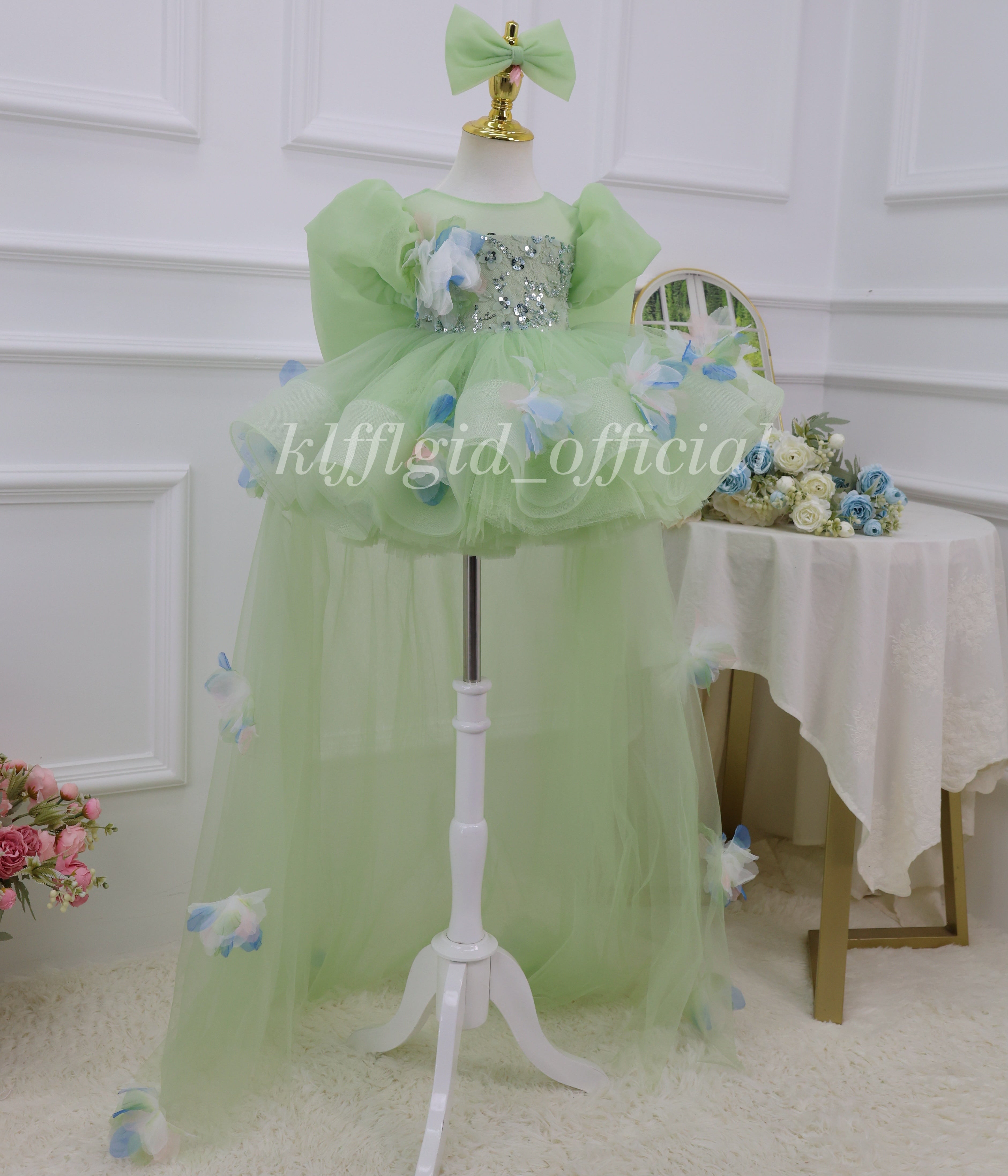 Floral Party Dress for Girls Green baby birthday dress | KLFFLGID