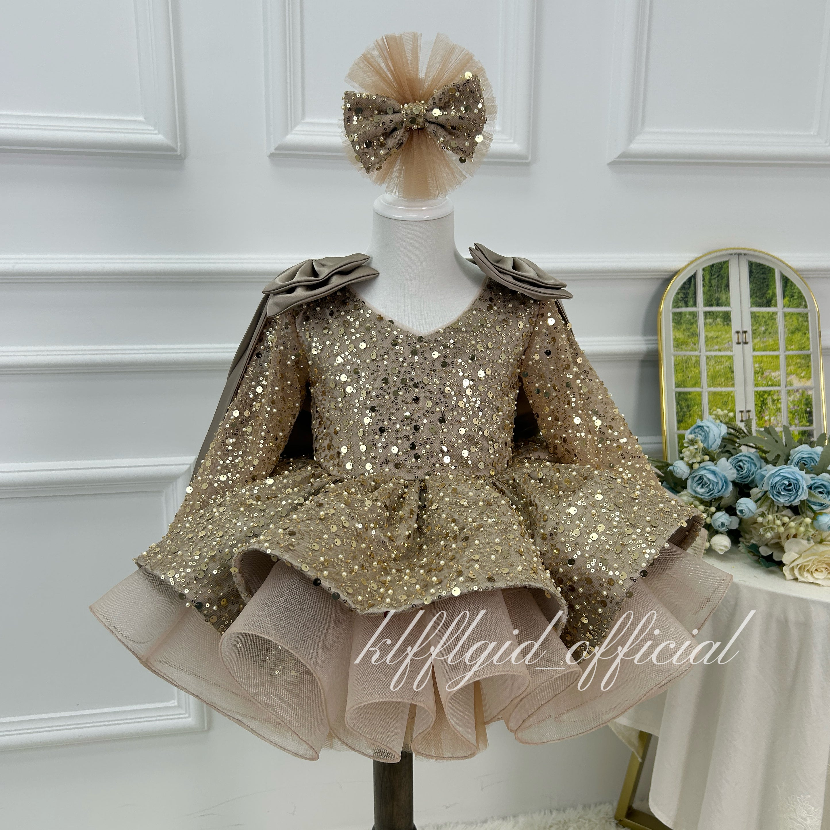 Toddler Girls Sequin Bow Long Sleeve Tulle Princess Birthday Party Dress | KLFFLGID