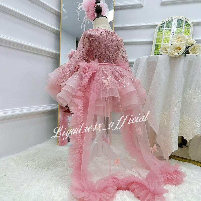 Lace Butterfly Sequined Trailing Birthday Dress with Tiara | KLFFIGID