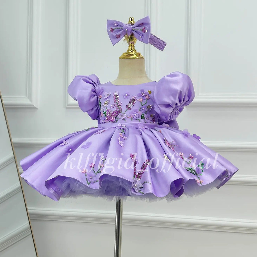 Girls Lavender Satin Princess Dress with Floral Embroidery and Puff Sleeves｜KLFFLGID