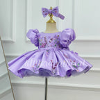 Girls Lavender Satin Princess Dress with Floral Embroidery and Puff Sleeves｜KLFFLGID