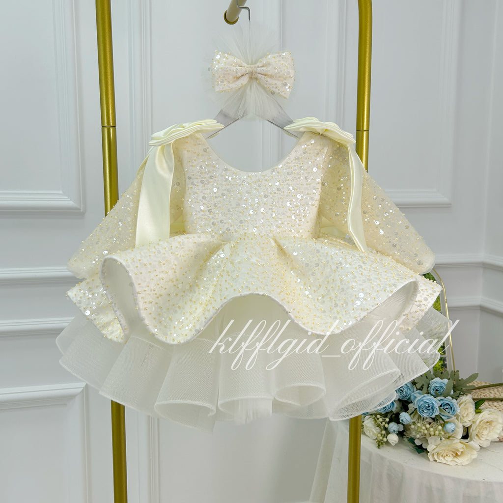 Toddler Girls Sequin Bow Long Sleeve Tulle Princess Birthday Party Dress | KLFFLGID