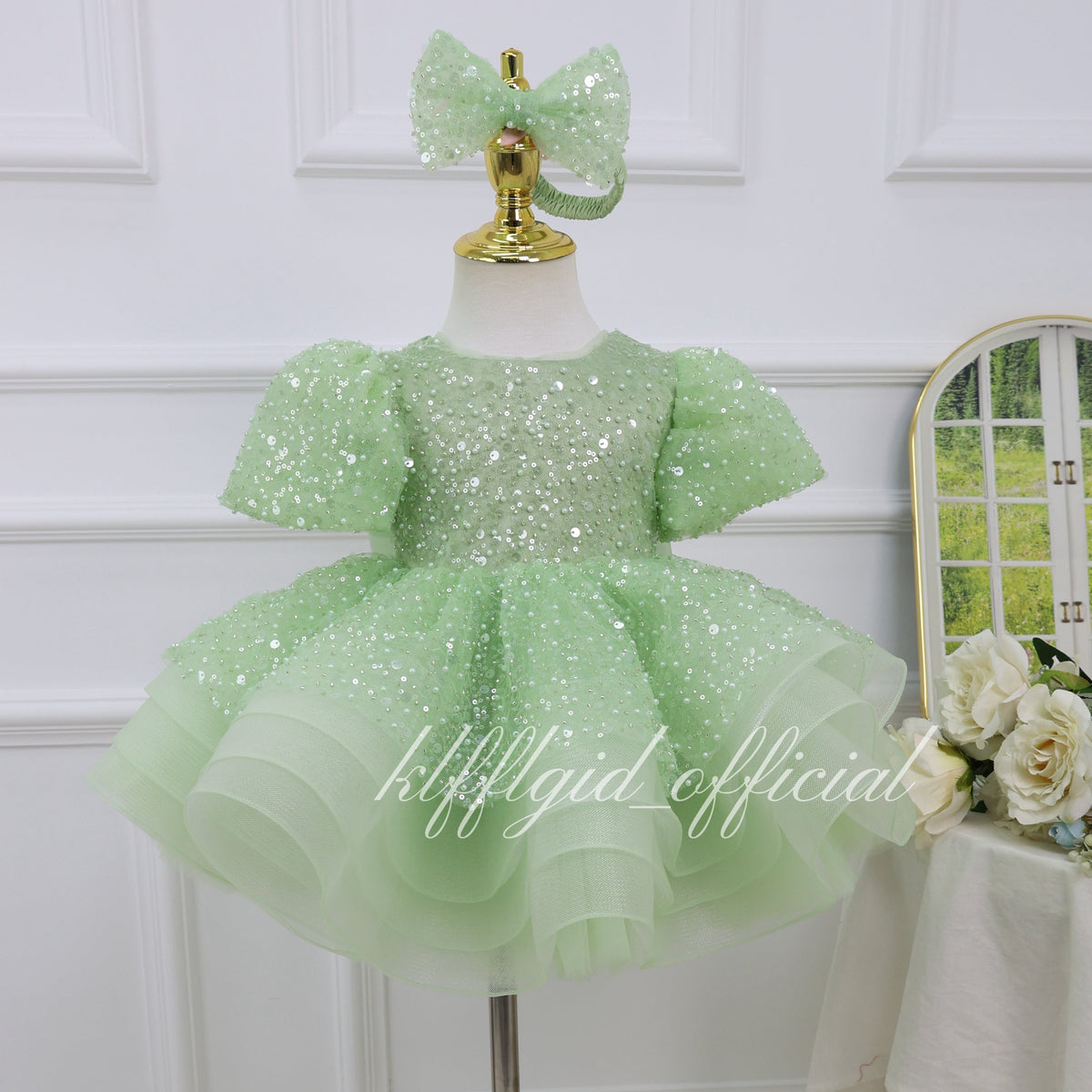 Baby Girls Luxury Champagne Gold Sequin Hi-Low Princess Dress Wedding Flower Dress | KLFFLGID