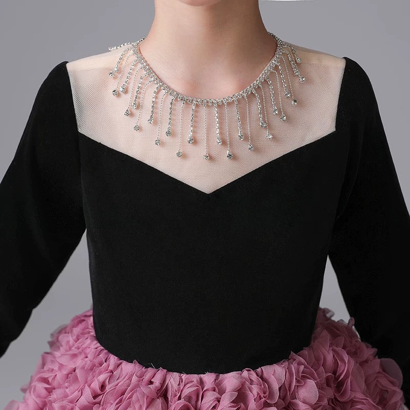 Girls long dress, girl princess dress, 3-12 year old girl piano performance dress, flower dress