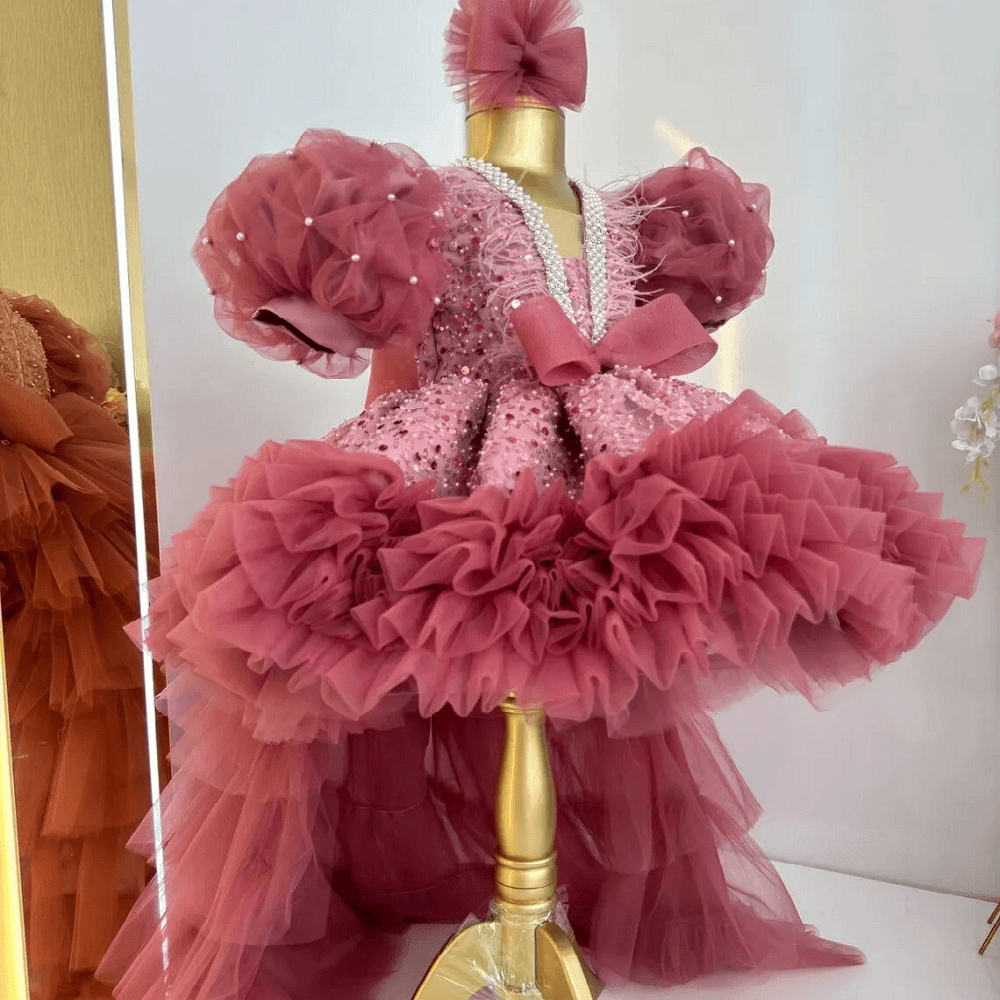 Sequin Flower Girl Dress with Train & Puff Sleeves | KLFFIGID