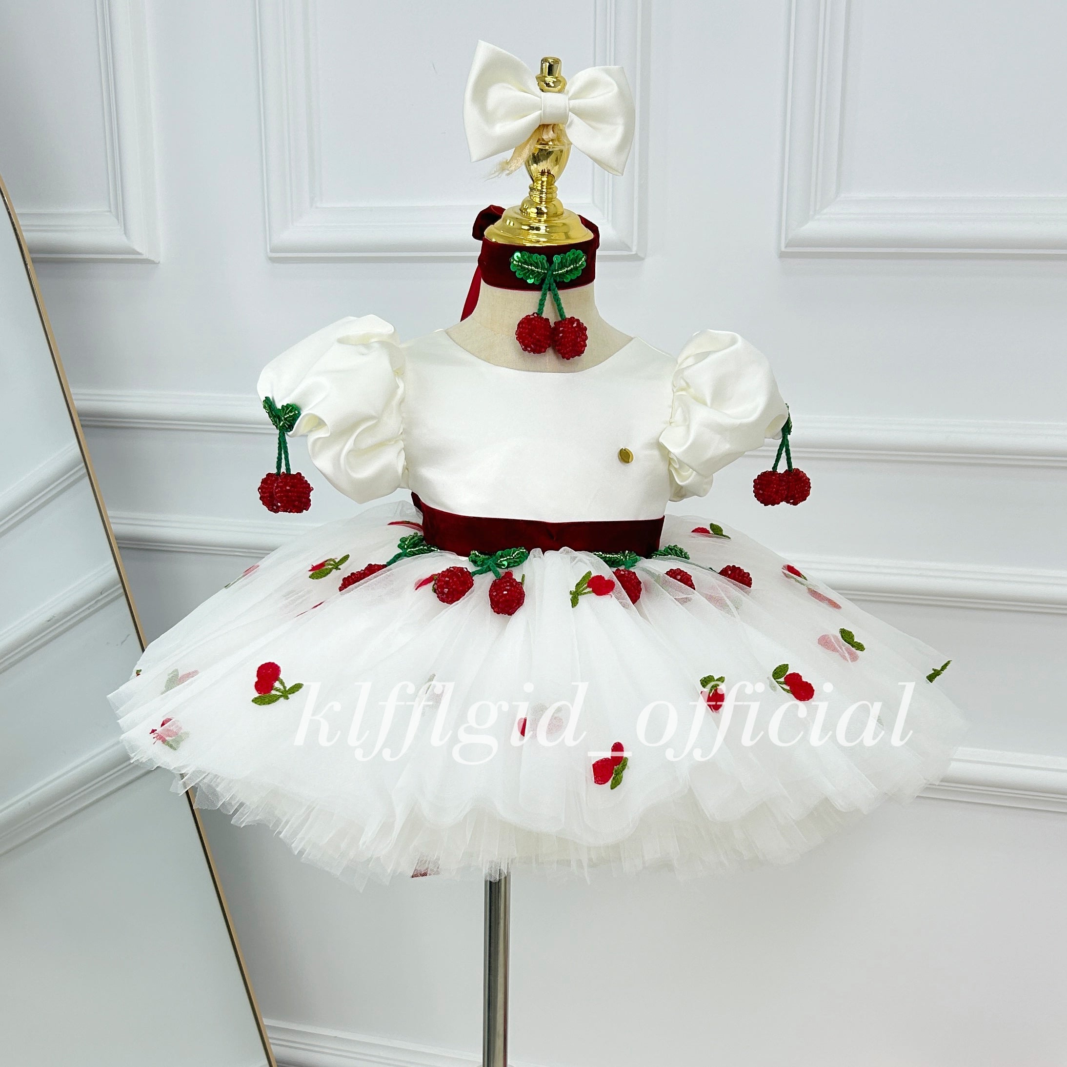 1st Birthday & Party Cute Cherry Dress White Princess Gown | KLFFLGID