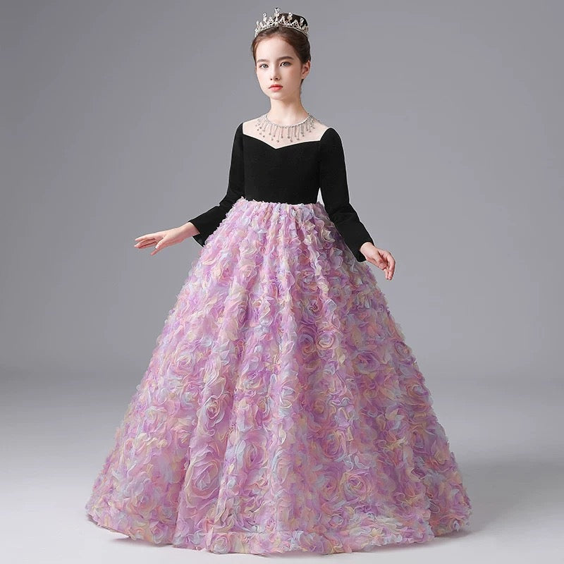 Girls long dress, girl princess dress, 3-12 year old girl piano performance dress, flower dress