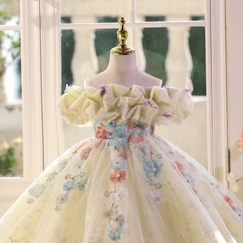New style butterfly one shoulder girls dress, wedding flower mesh dress, birthday party baby dress, Girls Match Pageant Dress