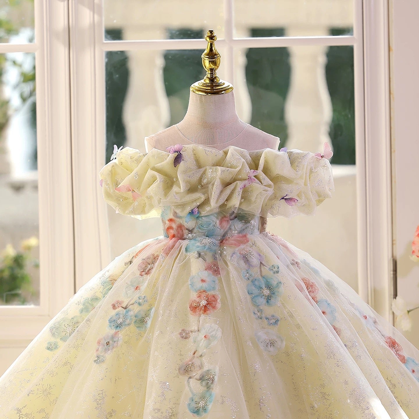 New style butterfly one shoulder girls dress, wedding flower mesh dress, birthday party baby dress, Girls Match Pageant Dress