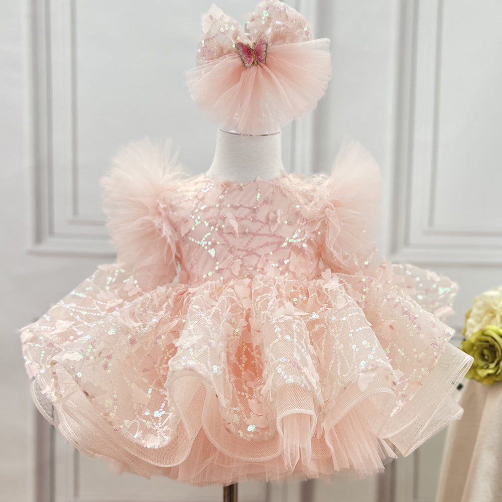 0-12Y Girls Long Sleeve Butterfly Embroidered Princess Dress | KLFFLGID