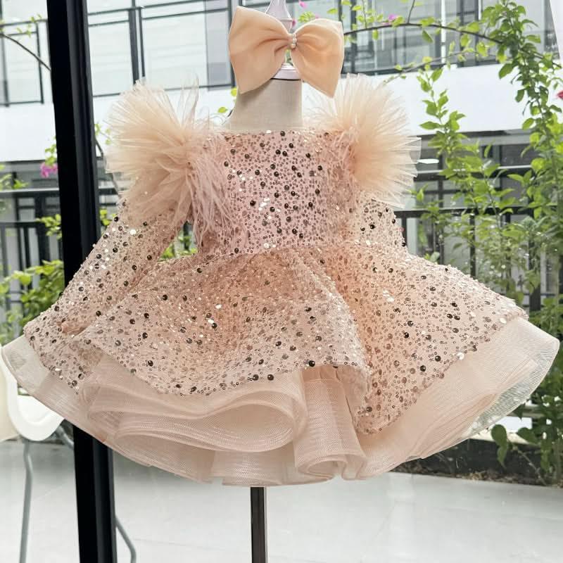 Girls Sequined Long Sleeve Stage Performance 1st Birthday Party Dress | KLFFIGID