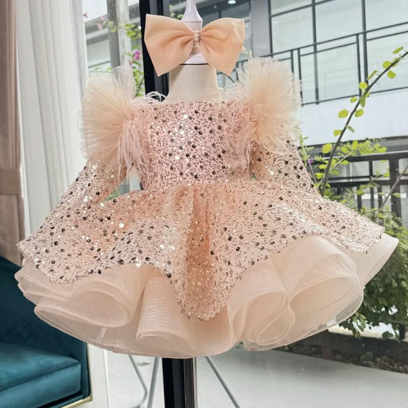 Girls Sequined Long Sleeve Stage Performance 1st Birthday Party Dress | KLFFIGID