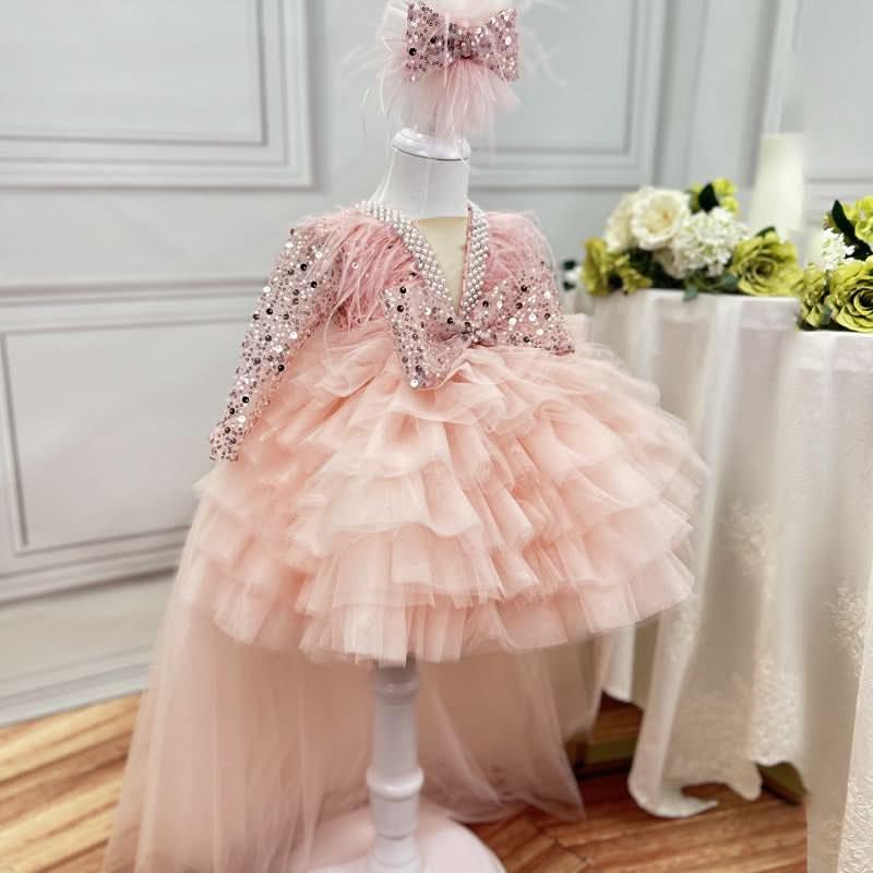 Girls Long Sleeve Sequin Feather Evening Dress with Train | KLFFIGID