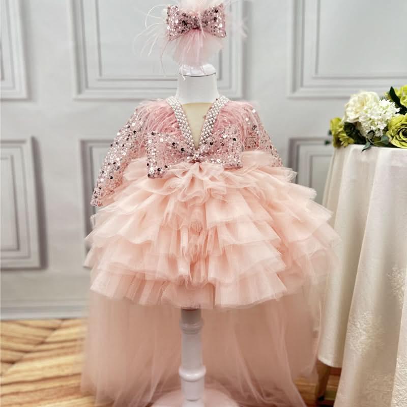 Girls Long Sleeve Sequin Feather Evening Dress with Train | KLFFIGID