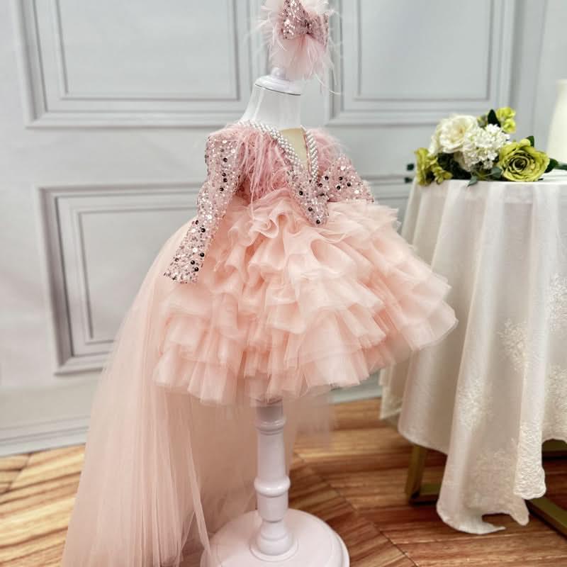 Girls Long Sleeve Sequin Feather Evening Dress with Train | KLFFIGID