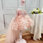 Girls Long Sleeve Sequin Feather Evening Dress with Train | KLFFIGID