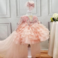 Girls Long Sleeve Sequin Feather Evening Dress with Train | KLFFIGID