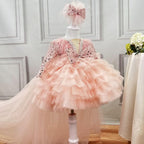 Girls Long Sleeve Sequin Feather Evening Dress with Train | KLFFIGID