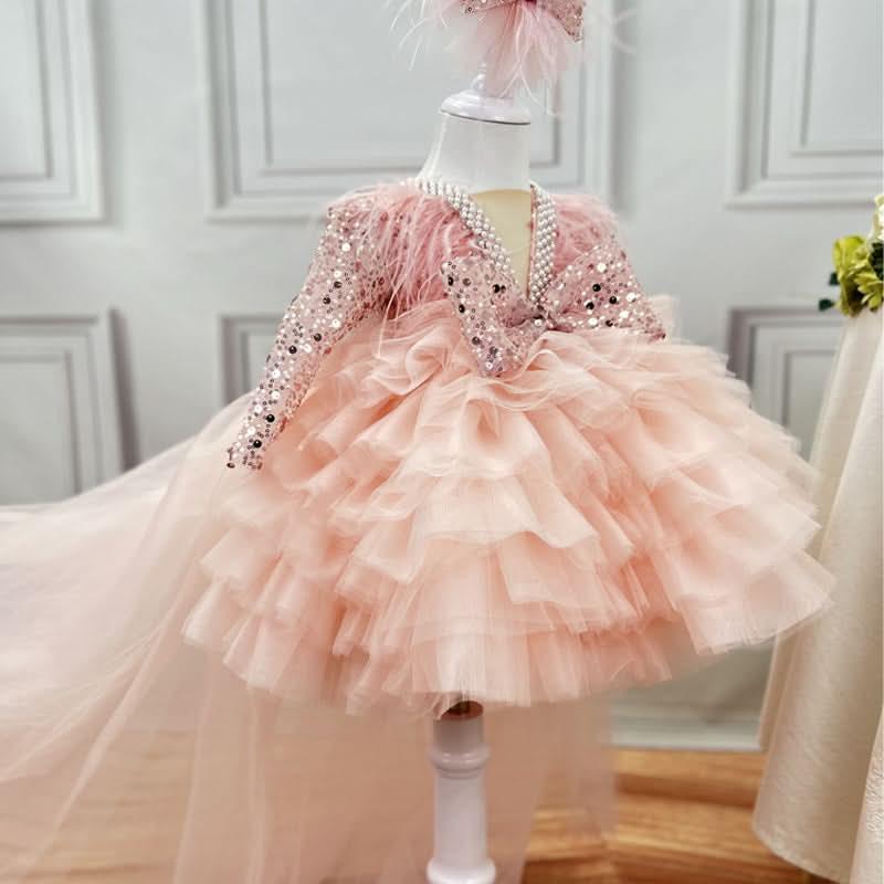 Girls Long Sleeve Sequin Feather Evening Dress with Train | KLFFIGID