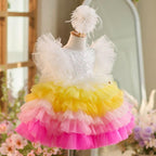 Dreamy Rainbow Princess Dress Colorful Layered Tulle Puff Dress | KLIFFIGID