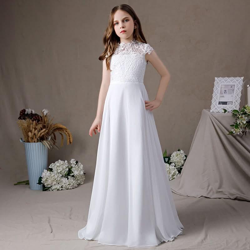 Elegant Lace Princess Dress White High-Waist Long Dress for Girls A Pure and Elegant Dress for Little Girls
