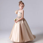 Elegant Champagne Gold Fairytale Gown Asymmetric Design Luxurious Girl's Gown for a Classy Look Trailing Elegance - Highlight Every Graceful Moment
