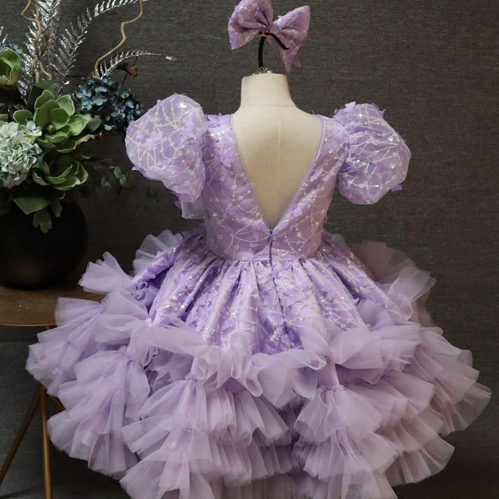V-Neck Puff Sleeve Butterfly Fluffy Baby 1st Birthday Dress | KLFFIGID