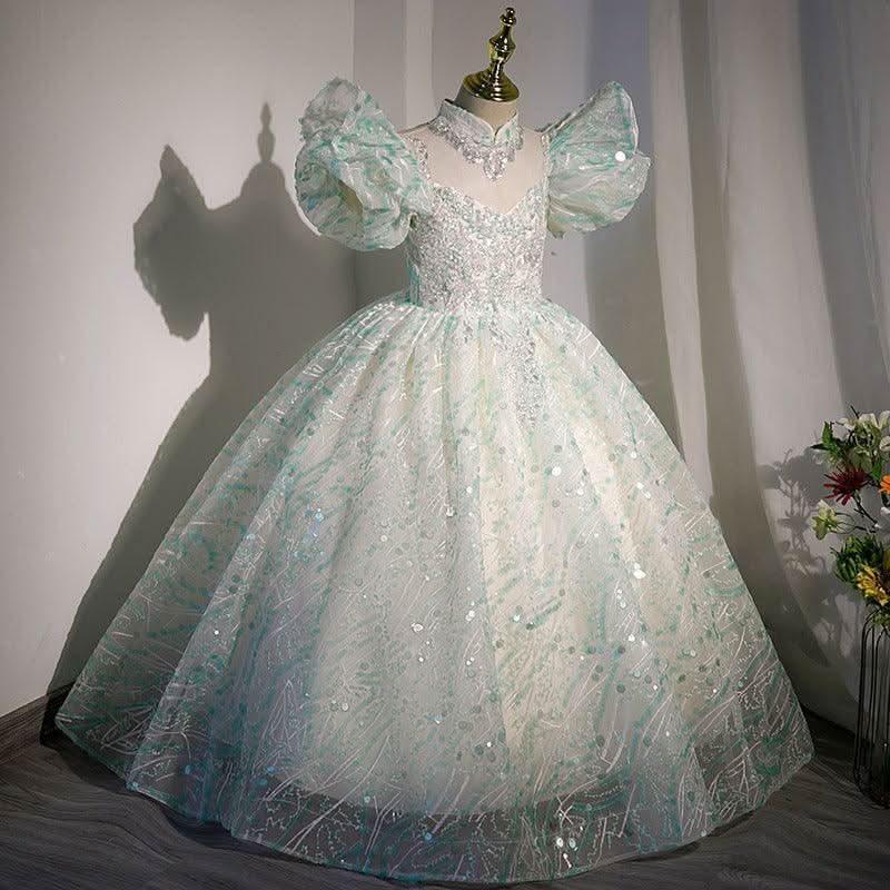 Dreamy Puff Sleeve Fairy Dress Elegant Princess Gown Shimmering Mint Green Fairy Tale Dress