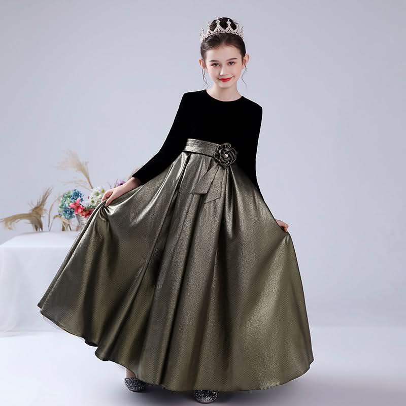Graceful Princess Gown for Girls Black and Gold Velvet Long Dress for Elegance Must-Have Party Outfit for Little Princesses